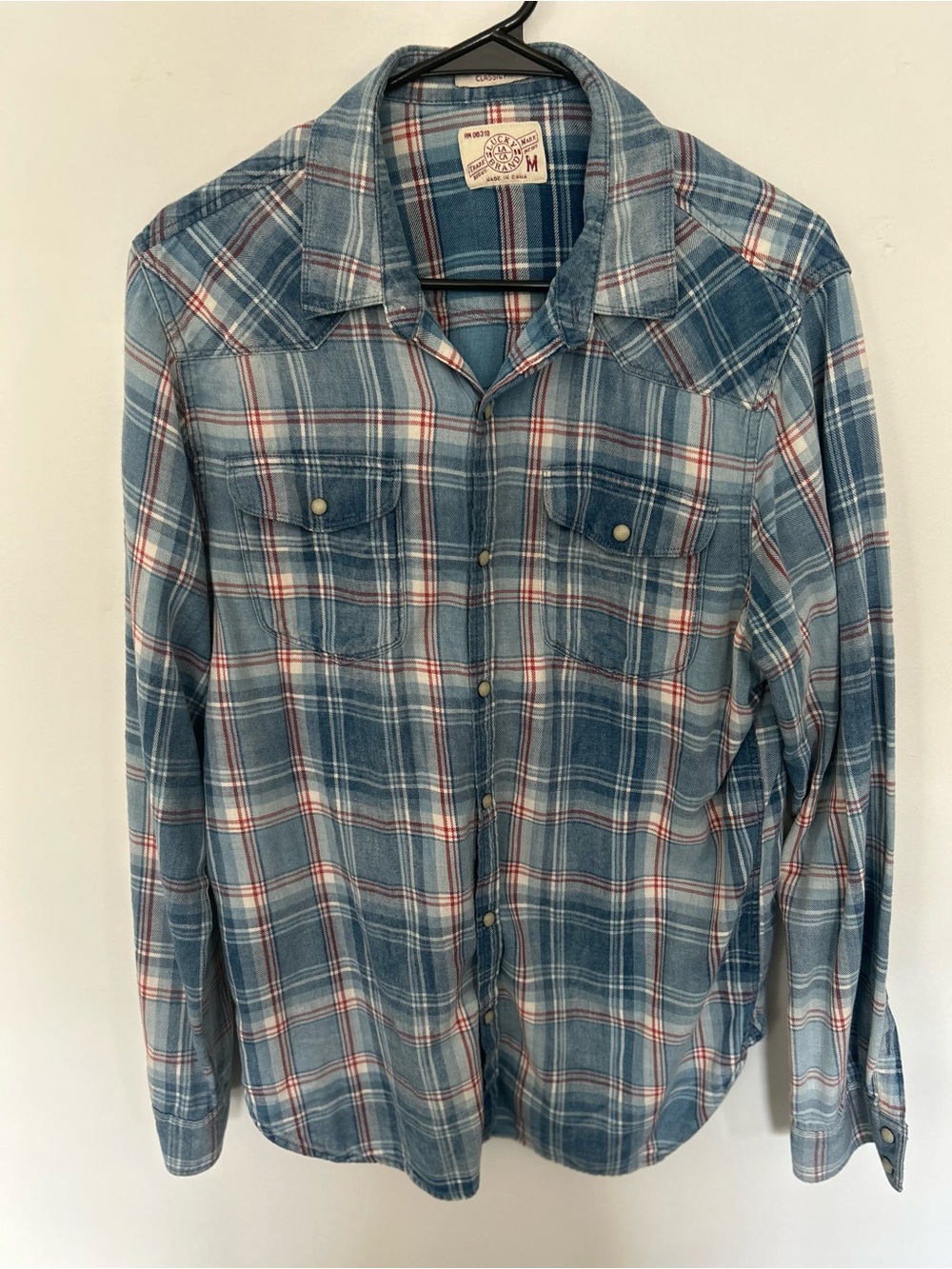 Classic Lucky Brand Men's Blue Plaid Button-Down Shirt with Red Accent